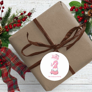 Adesivo Redondo Gnomo de Natal Rosa com Árvore Alegre