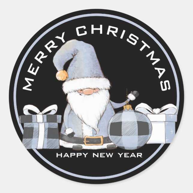 Adesivo Redondo Gnomo de Papais noeis Azuis Bonitos com presentes  (Frente)