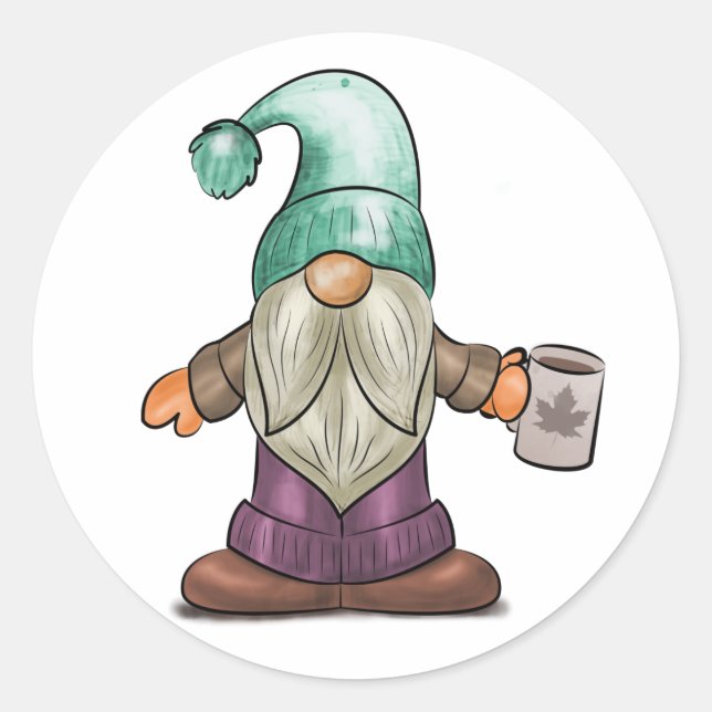 Adesivo Redondo Gnomo de Queda de Cubo com Mug de Café (Frente)