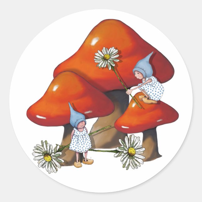 Adesivo Redondo Gnomo Girl on Toadstool, Daisies, Fantasy Art (Frente)
