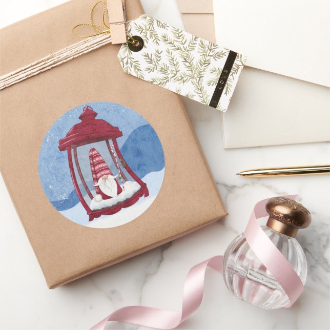 Adesivo Redondo Gnomo Natal em Lanterna Sticker (Presentear)