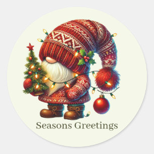 Adesivo Redondo Gnomo natalício adicionar texto Seasons Saudações