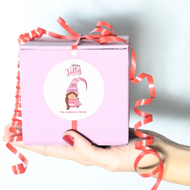 Adesivo Redondo Gnomo Rosa De Natal Com Cabelo De Braid (Criador carregado)