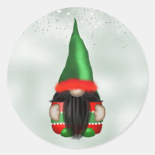 Adesivo Redondo Gnomo Vermelho Verde Fofo Brilho Prata Natal