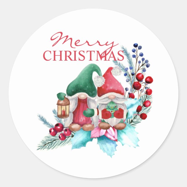 Adesivo Redondo Gnomos De Aquarelas Com Chapéu Vermelho E Verde (Frente)