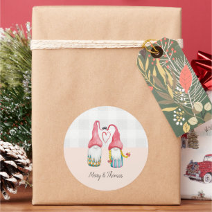 Adesivo Redondo Gnomos de Natal Apaixonados Aquarela Pintada à Mão
