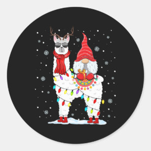 Adesivo Redondo Gnomos de Natal montando renas de lhama luz de nat