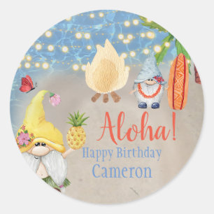 Adesivo Redondo Gnomos Tropicais Fofos na Festa Luau da Praia