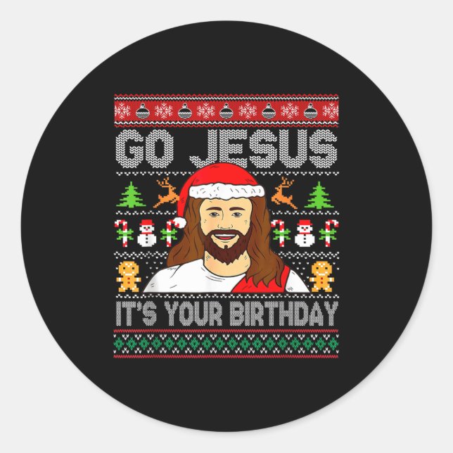 Adesivo Redondo Go Jesus It's Your Birthday Ugly Christmas Sweater (Frente)