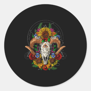 Adesivo Redondo Goat Skull Psychedelic Sunflower