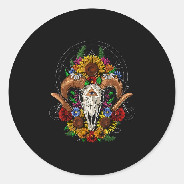 Adesivo Redondo Goat Skull Psychedelic Sunflower (Frente)