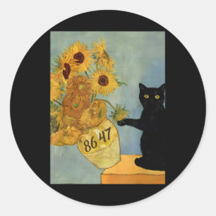 Adesivo Redondo Gogh Black Cat Com Girassóis 8647 Res Sutis
