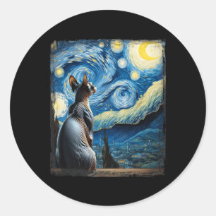 Adesivo Redondo Gogh Starry Night Style Artístico Sphynx Cat