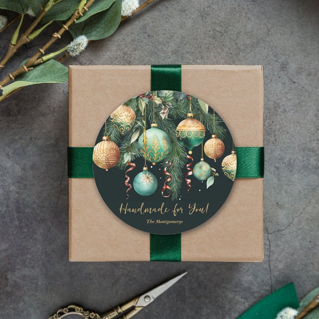 Adesivo Redondo Gold and Green Christmas Ornaments (Gold and green tree Christmas ornaments Handmade for You round 3" stickers)