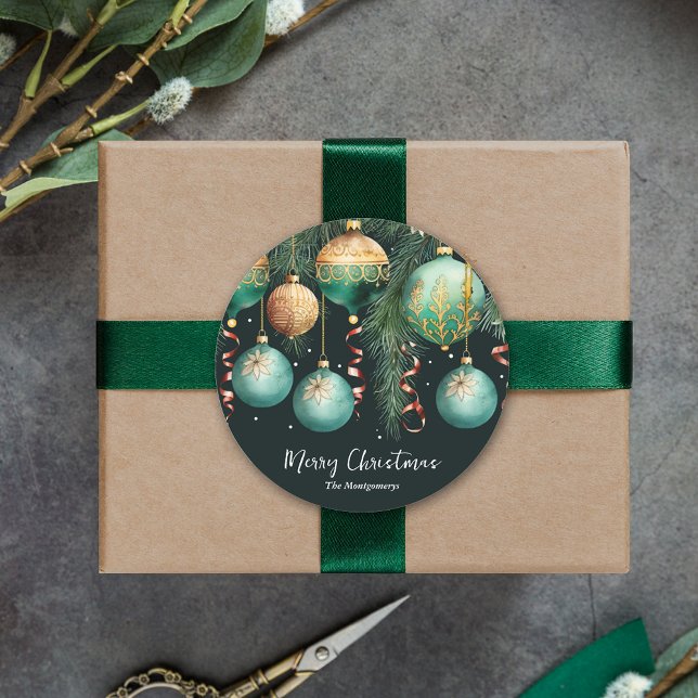 Adesivo Redondo Gold Baubles Christmas Tree (Gold and green Christmas tree Ornaments 3" round stickers)