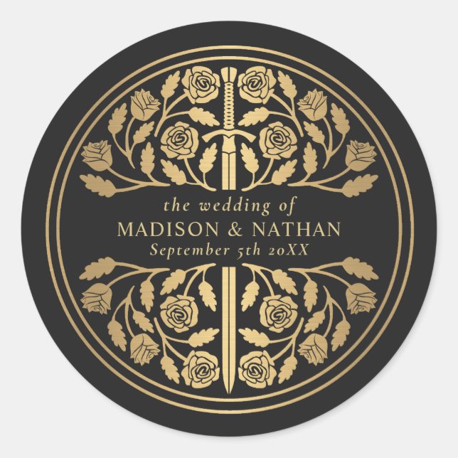 Adesivo Redondo Gold Black Royal Medieval Sword Wedding  (Frente)