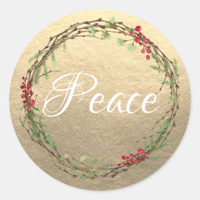 Adesivo Redondo Gold Christmas Wreath Peace (Frente)