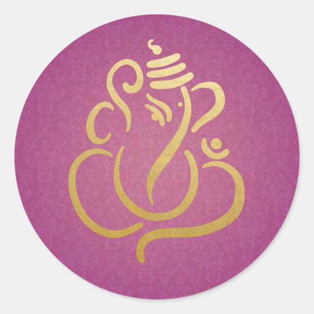 Adesivo Redondo Gold Festive Ganesh | Indian God Damask Purple (Frente)