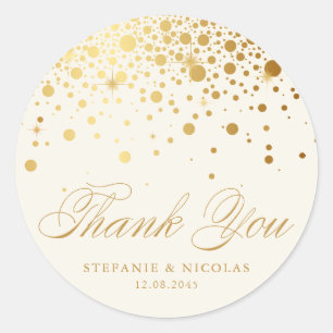 Adesivo Redondo Gold Foil Confetti Ivory Casamento Obrigado