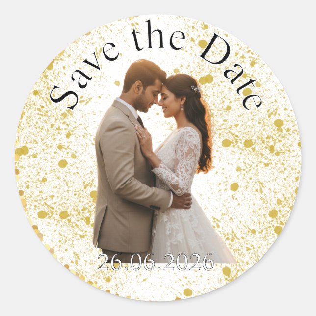Adesivo Redondo Gold Glitter Splatter Wedding Save the Date (Frente)