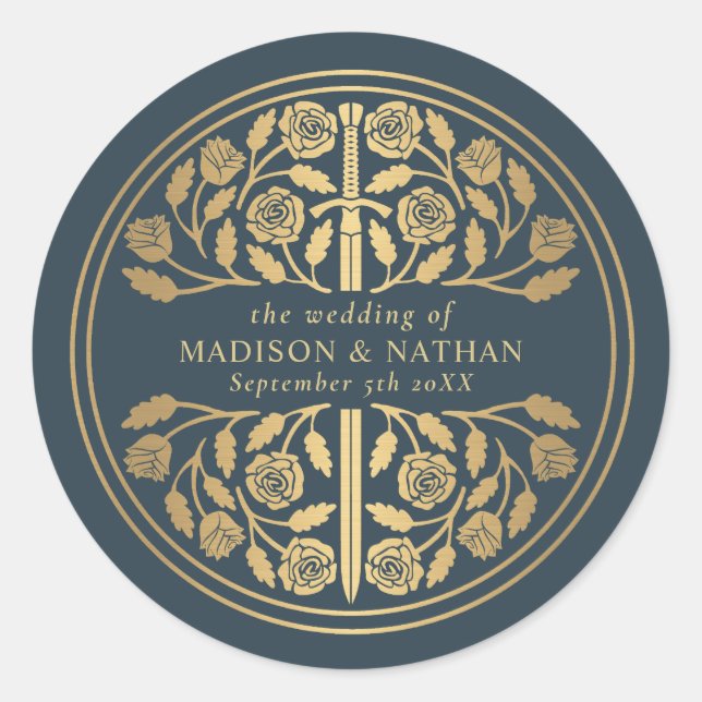 Adesivo Redondo Gold Gray Royal Medieval Sword Wedding  (Frente)