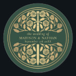 Adesivo Redondo Gold Green Royal Medieval Sword Wedding<br><div class="desc">Celebrate your special day with this Royal Medieval Sword Wedding design against a green background. You can customize this further by clicking on the "PERSONALIZE" button. PLEASE NOTE: The gold on this item is NOT real foil and is printed in flat colors</div>