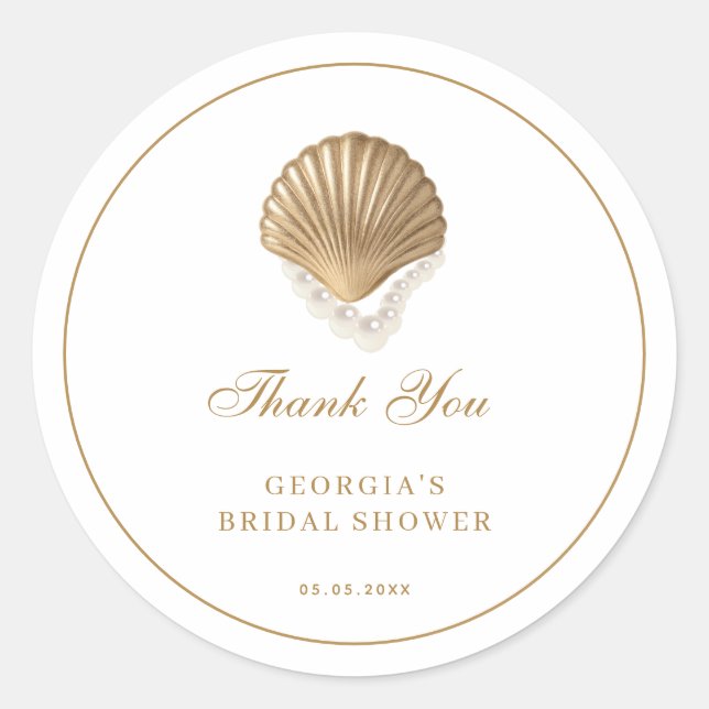 Adesivo Redondo Gold Seashell Coastal Bridal Shower Thank You (Frente)