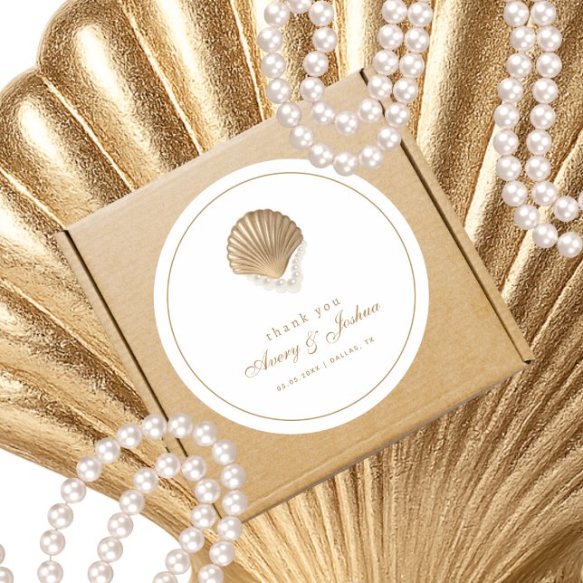 Adesivo Redondo Gold Seashell Custom Coastal Wedding Favor (Criador carregado)