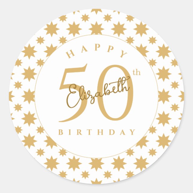Adesivo Redondo Gold Stars 50th Birthday Custom Name  (Frente)