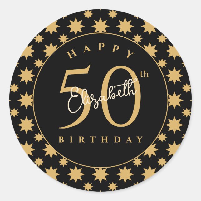 Adesivo Redondo Gold Stars 50th Birthday Custom Name  (Frente)
