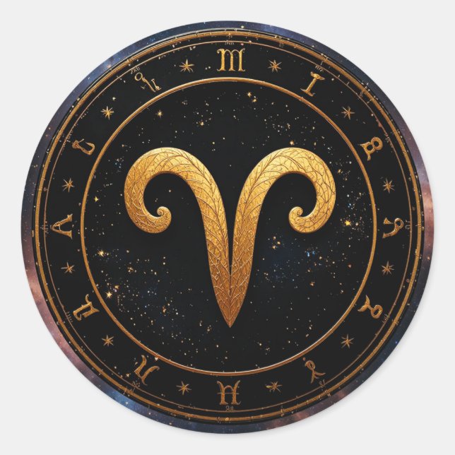 Adesivo Redondo Golden Aries Zodiac Wheel Symbol (Frente)