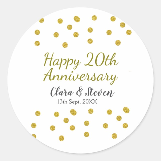 Adesivo Redondo Golden dots glitter happy 20th anniversary wedding (Frente)