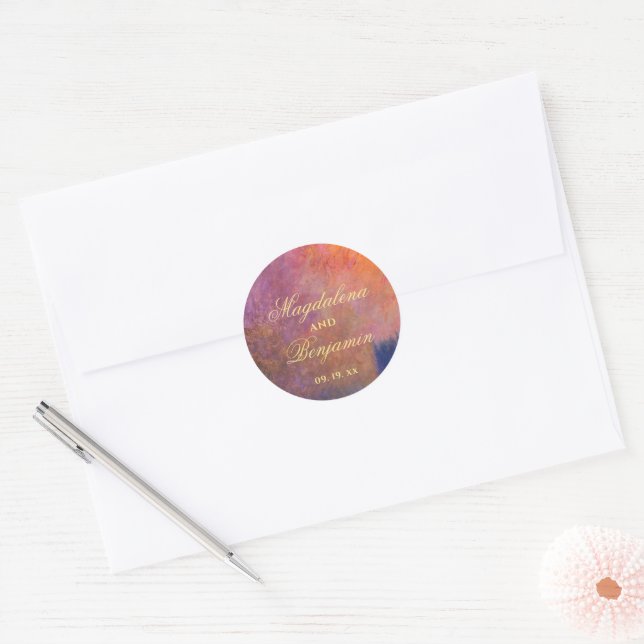 Adesivo Redondo Golden Orange Purple Sunset Sky Monet Art Wedding (Envelope)