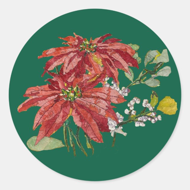 Adesivo Redondo Golden Poinsettia | Fine Art Christmas Sticker (Frente)