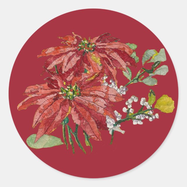Adesivo Redondo Golden Poinsettia | Fine Art Christmas Sticker (Frente)