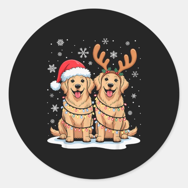 Adesivo Redondo Golden Retriever Christmas Santa Hat Reindeer Ligh (Frente)