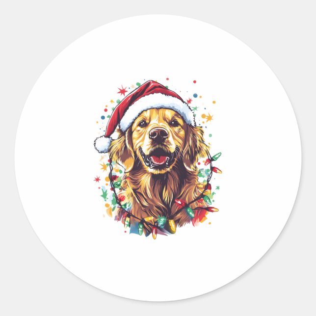 Adesivo Redondo Golden Retriever Funny dog Christmas Santa Hat lig (Frente)