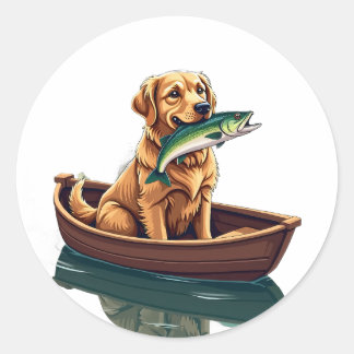 Adesivo Redondo Golden Retriever Pescando Retro - Cão Passatempo d