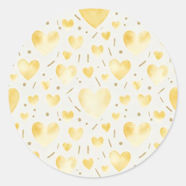 Adesivo Redondo Golden Sunbeam Watercolor & Glitter Heart Pattern (Frente)