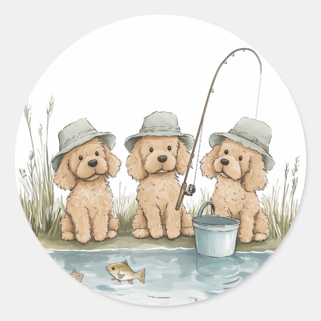 Adesivo Redondo Goldendoodle Cães Pescar (Frente)