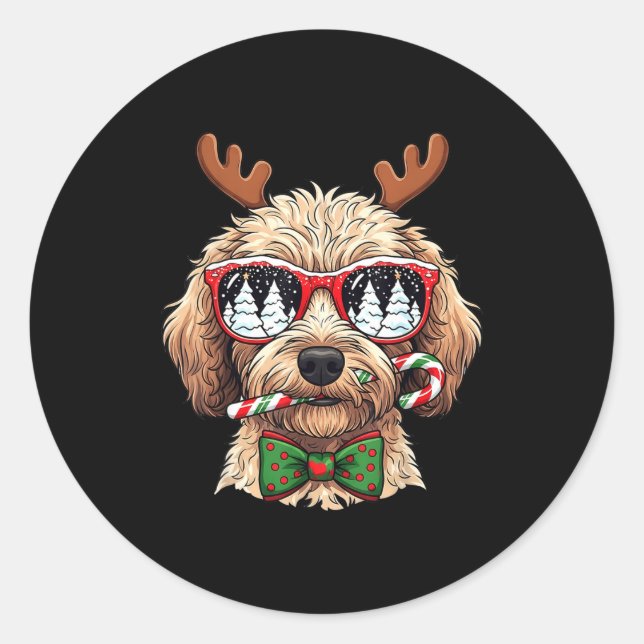 Adesivo Redondo Goldendoodle Christmas Reindeer Holiday Dog Lover  (Frente)