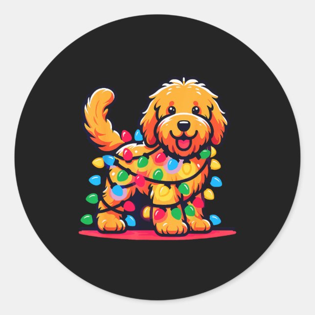 Adesivo Redondo Goldendoodle Christmas Tree Xmas Lights Golden Doo (Frente)