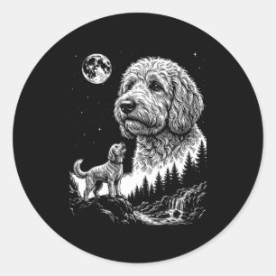 Adesivo Redondo Goldendoodle uivando para a lua engraçado cachorro