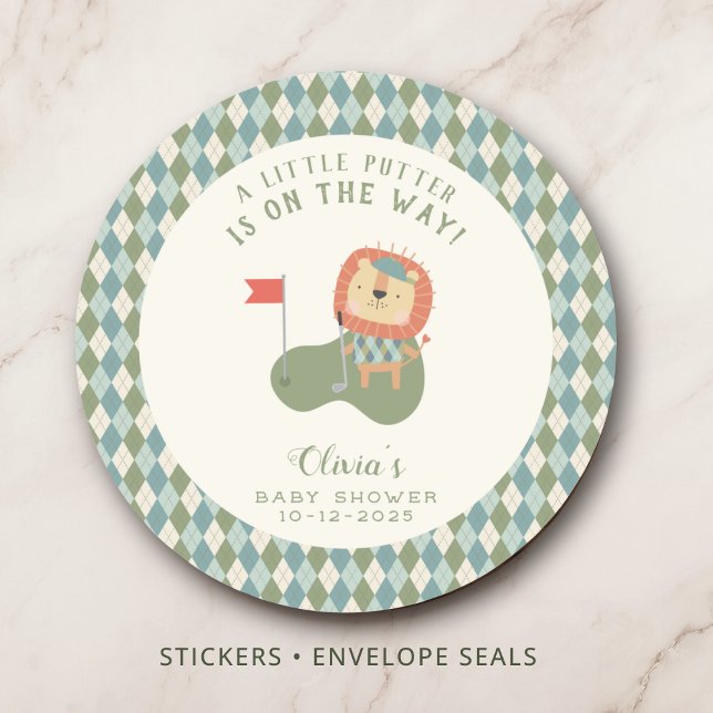 Adesivo Redondo Golf Baby Shower A Little Putter Preppy Argyle   (Cute lion golfer sticker for golf baby showers and favors.
)