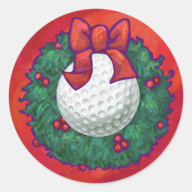 Adesivo Redondo Golf Ball Christmas Wreath on Red (Frente)