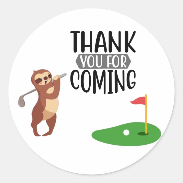 Adesivo Redondo Golf Obrigado com texto e bandeira Golfer Sloth (Frente)