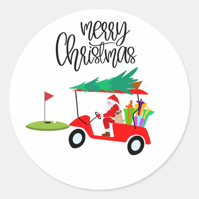 Adesivo Redondo Golfe Feliz Natal com Papai Noel na bandeira (Frente)
