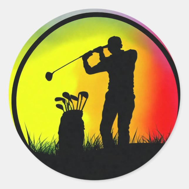 Adesivo Redondo Golfer Silhouette tocando Golfe no Sunset (Frente)