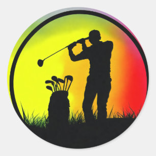 Adesivo Redondo Golfer Silhouette tocando Golfe no Sunset