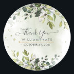 Adesivo Redondo Goma Azul Elegante Eucalyptus Obrigado<br><div class="desc">Arranjo de aquarelas elegantes de goma azul Eucalyptus,  folhagem verde da floresta. Faça um evento ou apenas um obrigado...  você bota adesivos com letra divertida e moderna de escrita manuscrita em folha de ouro falso e cor de fundo DIY. Copyright © 2016-2020 Bombino Design™. Todos os direitos reservados.</div>